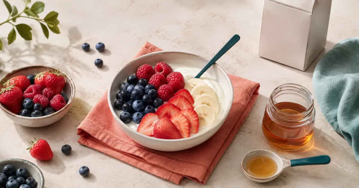 Plain yogurt with berries beside a jar and spoon of honey