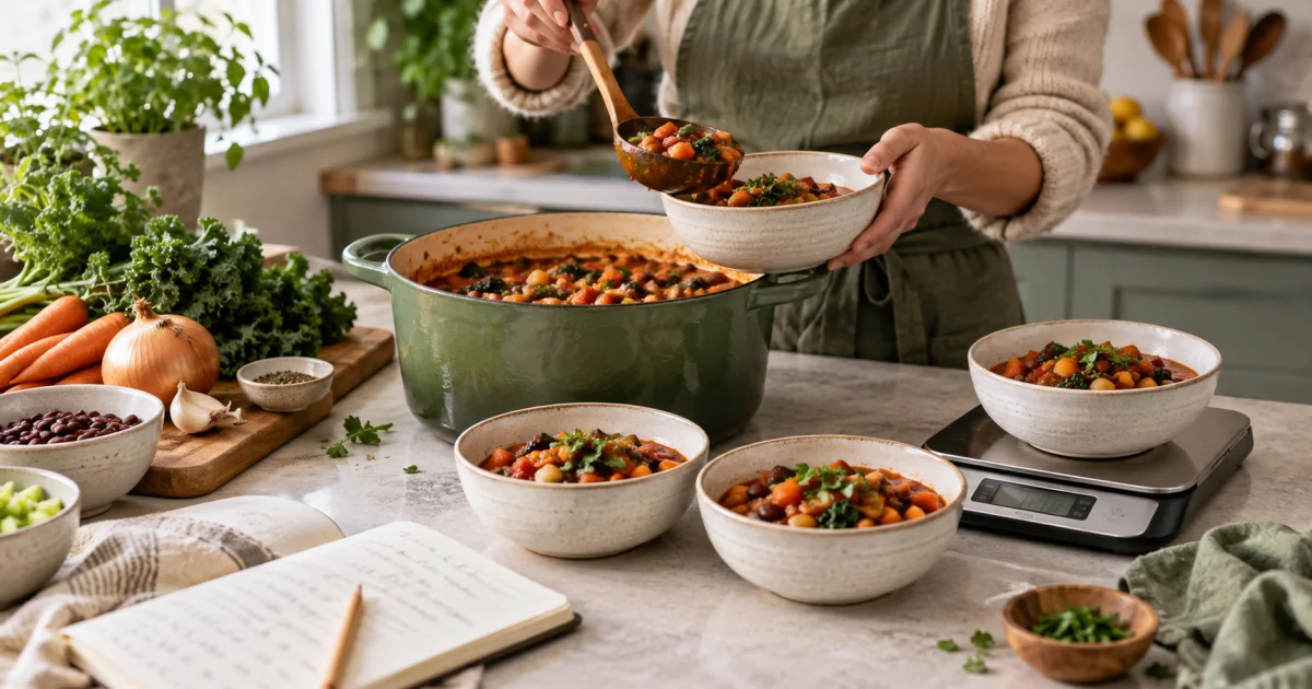 Home cook portioning bean-and-vegetable stew into bowls beside a digital kitchen scale and recipe notebook
