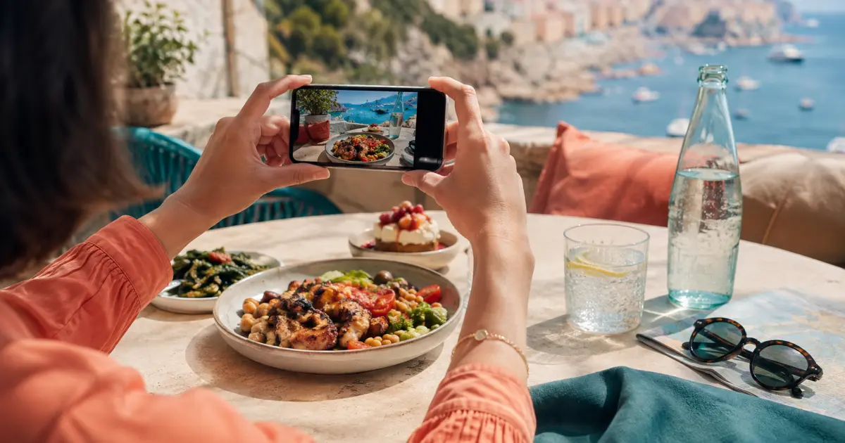 Traveler photographing a colorful restaurant meal at a sunny coastal café with sunglasses on the table