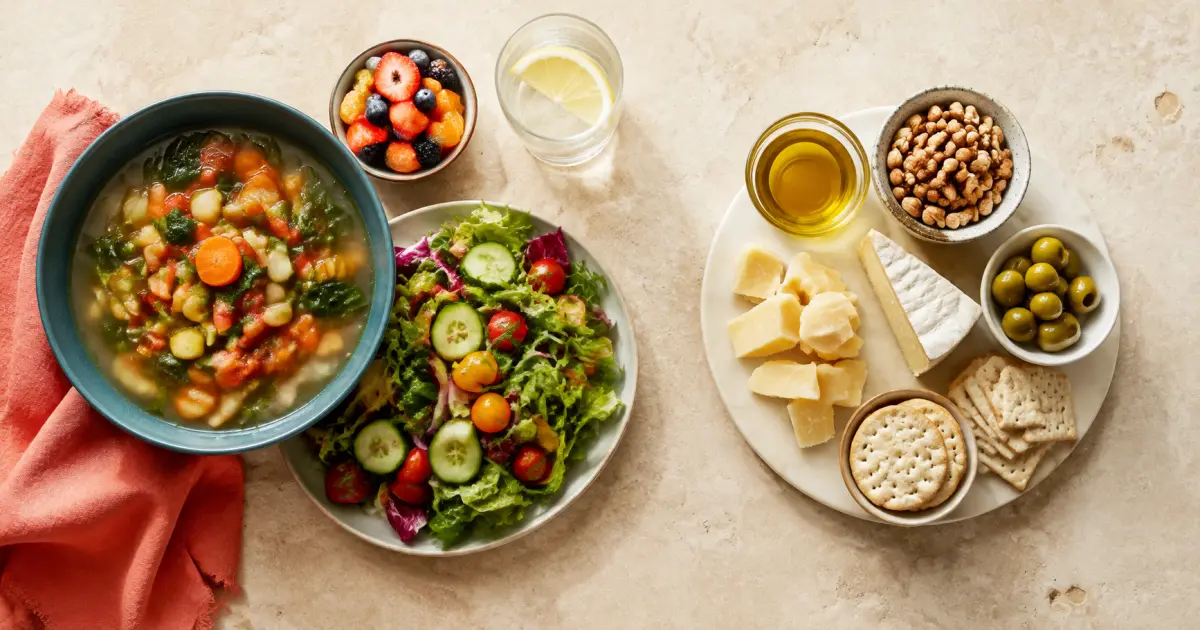 Vegetable soup and salad beside smaller portions of oil, cheese, nuts and crackers