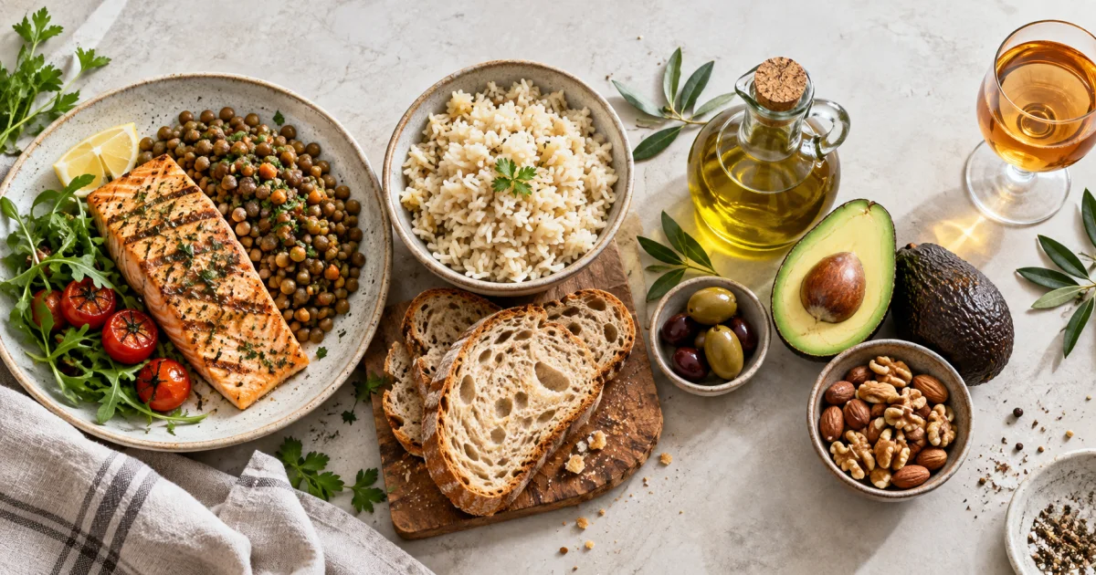 Salmon and lentils, rice and bread, olive oil, avocado, nuts and a glass of amber liquid arranged on a table