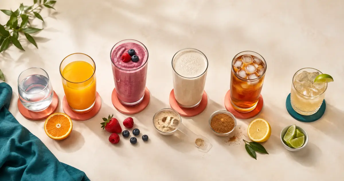 Water, orange juice, a pink smoothie, a pale shake, iced tea and a lime drink arranged on a table