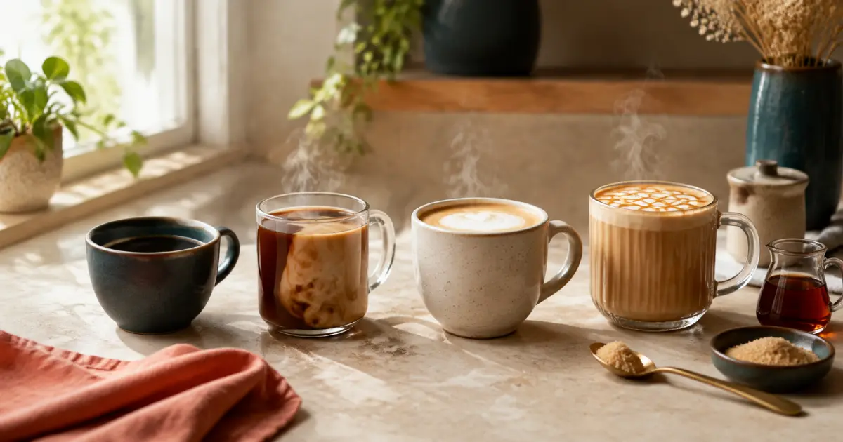 Four hot coffee drinks ranging from black coffee to milk-and-syrup coffee beside sugar and syrup