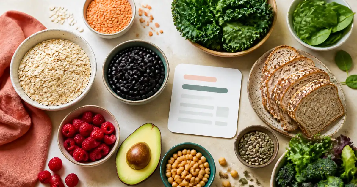 Oats, beans, lentils, berries, bread and leafy vegetables around a stylized nutrition card