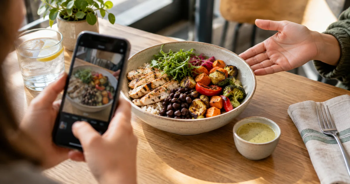 Person photographing an unlabeled grain bowl while reviewing its visible ingredients