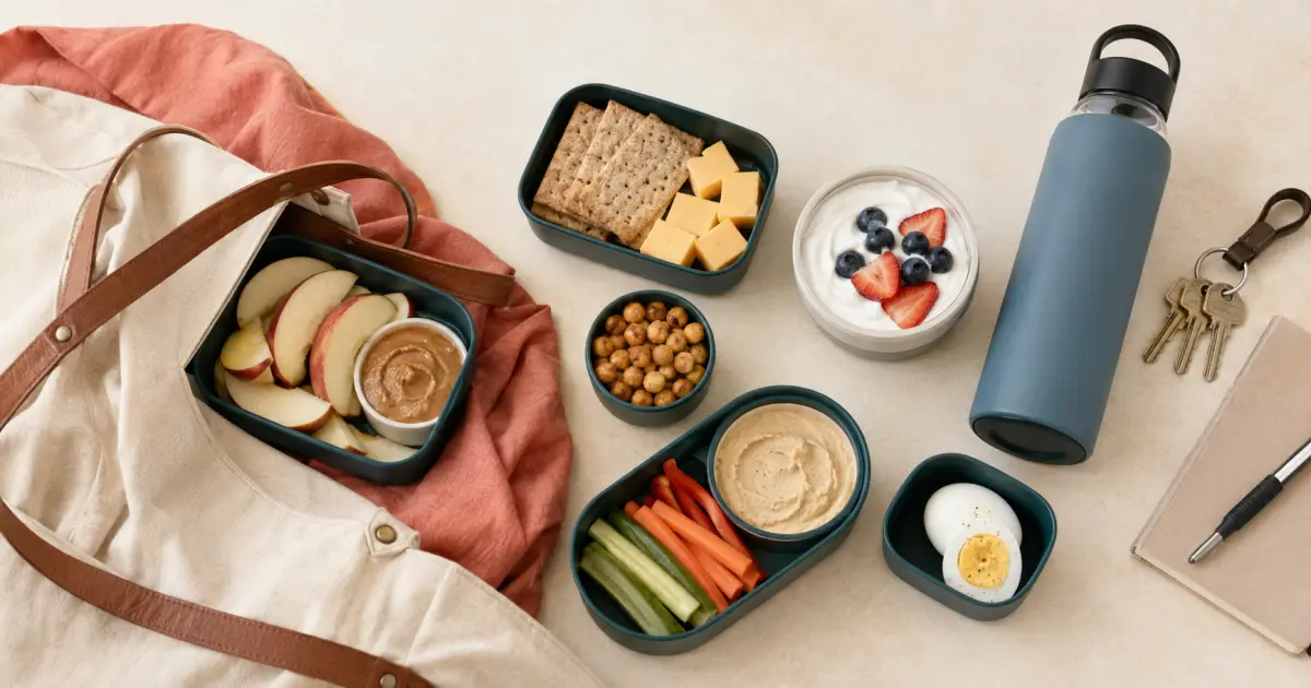 Portable snack containers with fruit, hummus, vegetables, yogurt, crackers, cheese and an egg