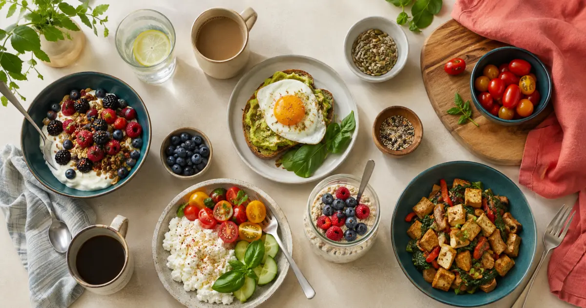 Egg-and-avocado toast, berry yogurt, cottage cheese, an oat cup and tofu with vegetables