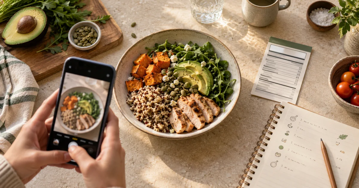 Person photographing a chicken, grain and avocado bowl beside a nutrition label and handwritten food notes