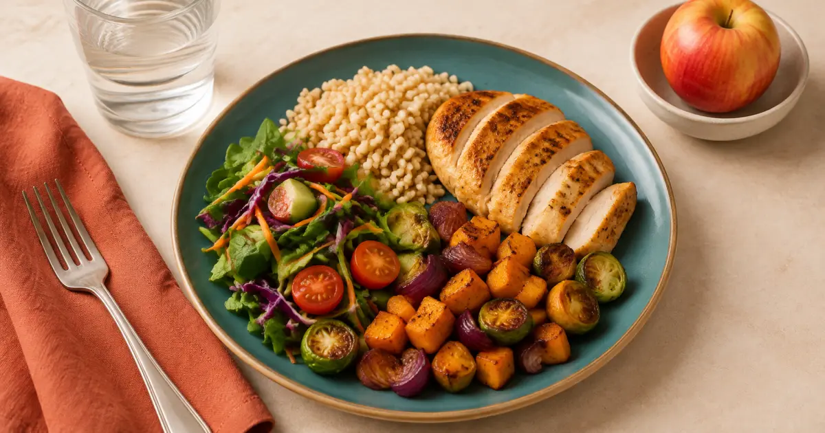 Colorful plate with vegetables, grain, sliced chicken, fruit and water