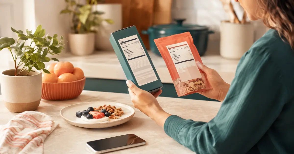 Person comparing labels on two food packages beside a yogurt and granola snack